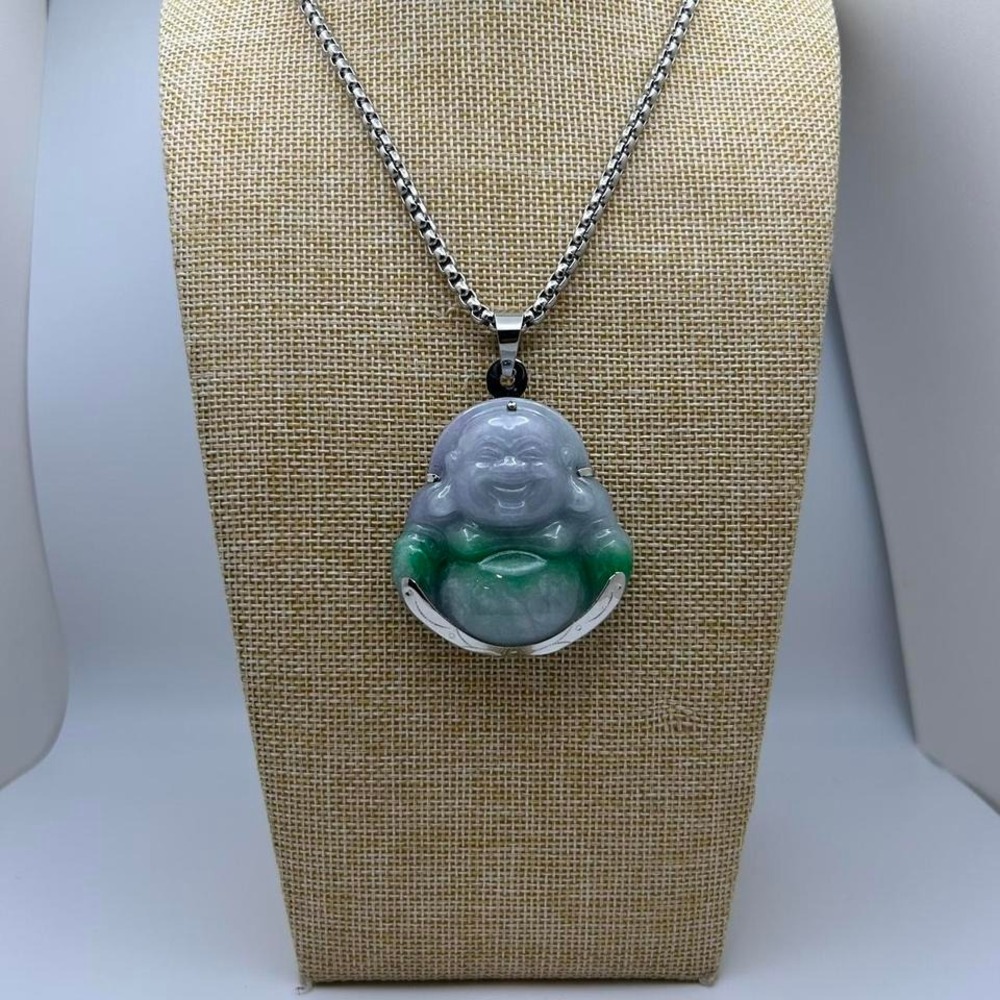 Natural Jade Laughing Buddha Pendant Necklace w/ Stainless steel chain‎